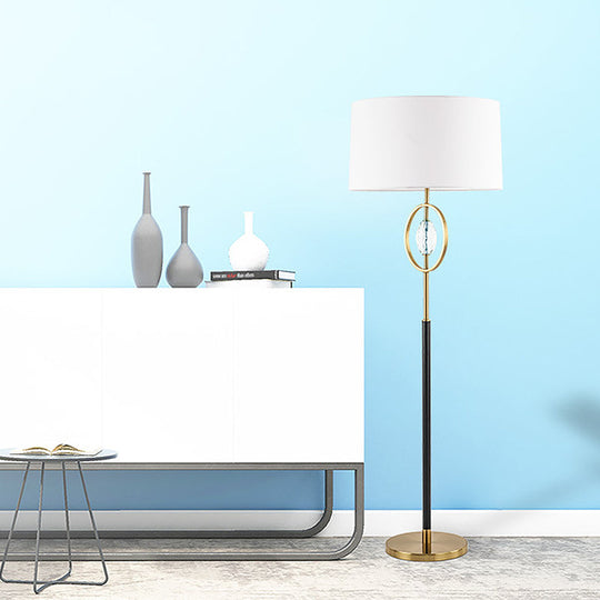 Classic Metal Floor Lamp with Ring Frame Shade, Barrel Fabric Shade, and Crystal Accent