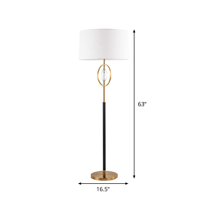 Classic Metal Floor Lamp with Ring Frame Shade, Barrel Fabric Shade, and Crystal Accent
