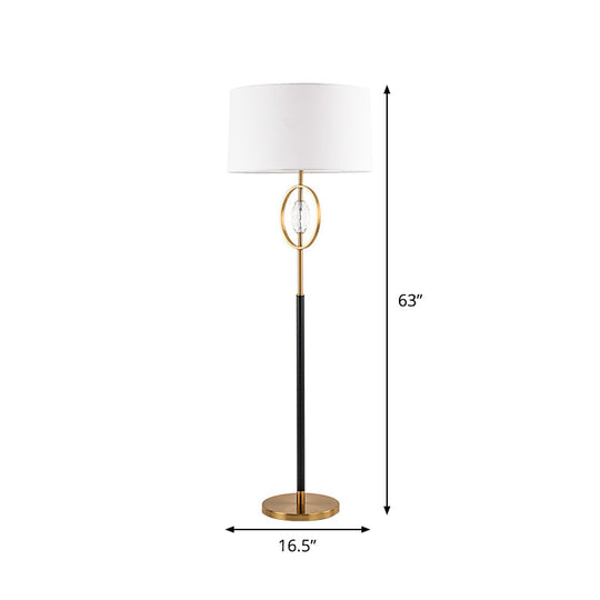 Classic Metal Floor Lamp with Ring Frame Shade, Barrel Fabric Shade, and Crystal Accent