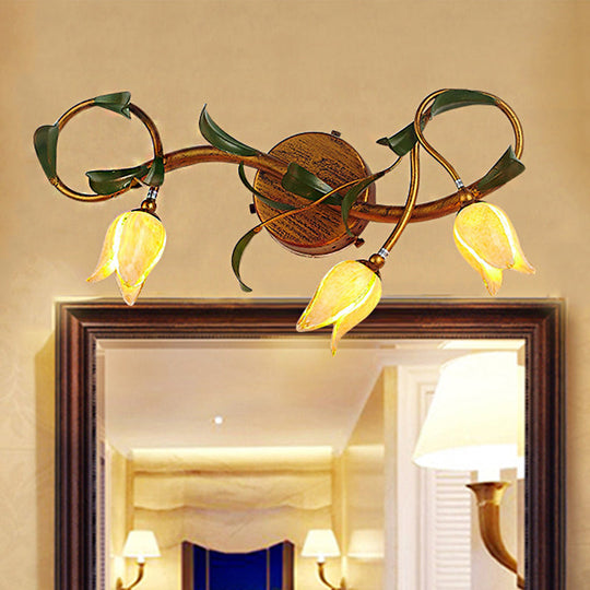 Yellow Flower Rustic Glass Sconce for Bathroom Wall - Swirled Gold Arm, 3/5 Lights Fixture