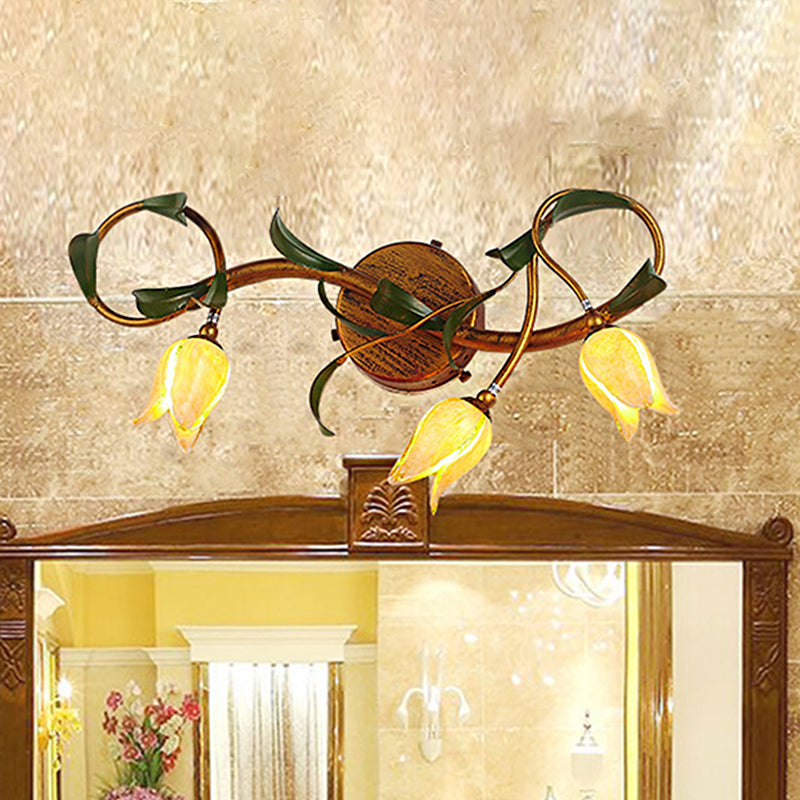 Yellow Flower Rustic Glass Sconce for Bathroom Wall - Swirled Gold Arm, 3/5 Lights Fixture
