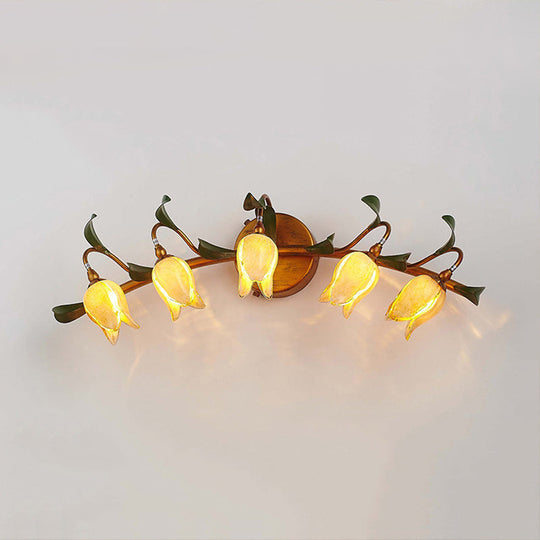 Yellow Flower Rustic Glass Sconce for Bathroom Wall - Swirled Gold Arm, 3/5 Lights Fixture
