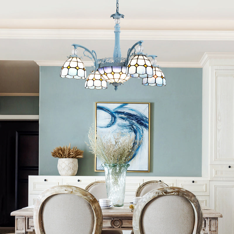 Mediterranean Stained Glass Bell Chandelier - Blue Hanging Lamp with 4/6/8 Lights for Dining Room