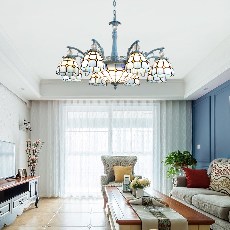 Mediterranean Stained Glass Bell Chandelier - Blue Hanging Lamp with 4/6/8 Lights for Dining Room