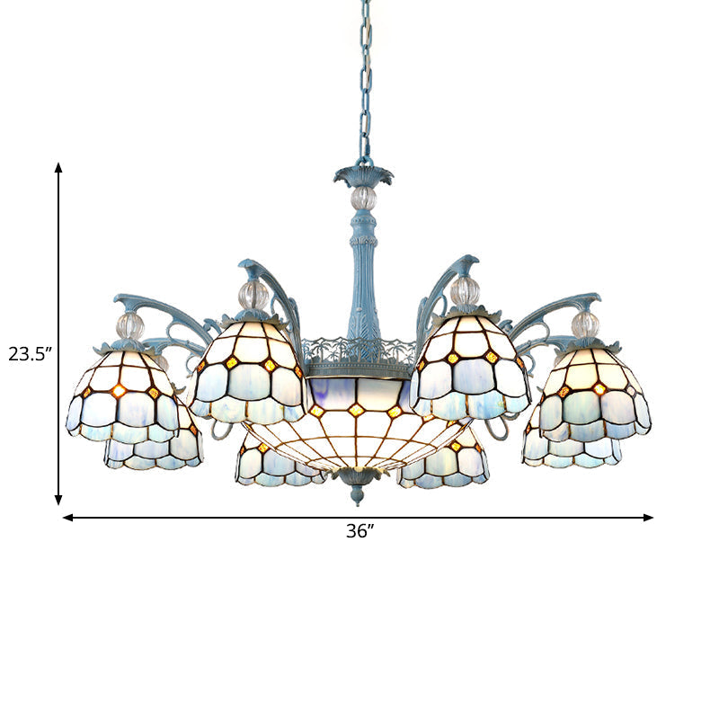 Mediterranean Stained Glass Bell Chandelier - Blue Hanging Lamp with 4/6/8 Lights for Dining Room