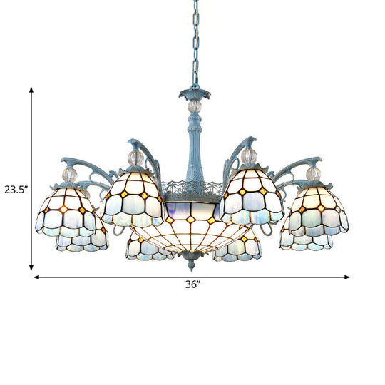 Mediterranean Stained Glass Bell Chandelier - Blue Hanging Lamp with 4/6/8 Lights for Dining Room