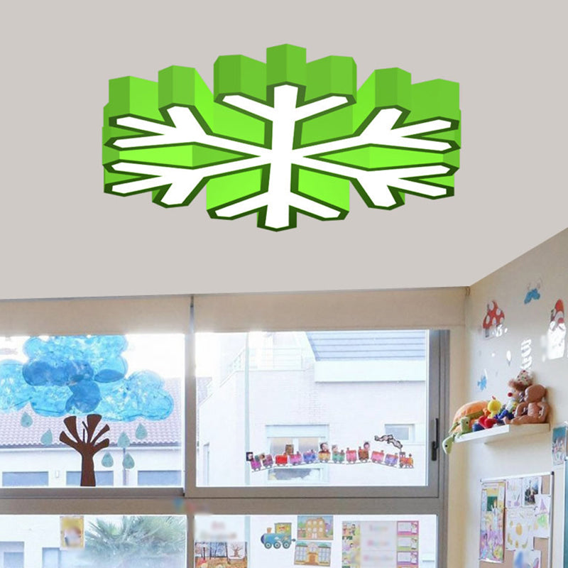 Colorful LED Flush Light Macaron Red/Yellow/Green Ceiling Mount Fixture for Nursery School with Snowflake Acrylic Shade