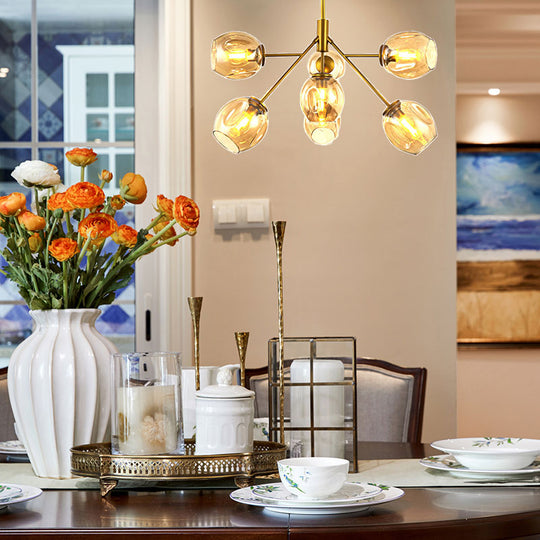 Modern Gold Hanging Lamp with Amber Glass Shade - 7/9/13 Lights Branch Chandelier