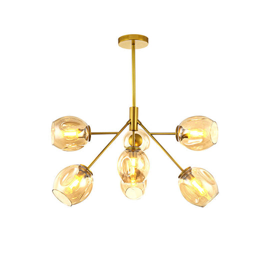 Modern Gold Hanging Lamp with Amber Glass Shade - 7/9/13 Lights Branch Chandelier
