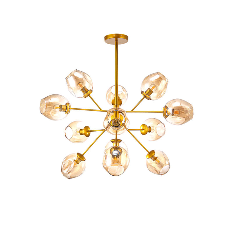 Modern Gold Hanging Lamp with Amber Glass Shade - 7/9/13 Lights Branch Chandelier