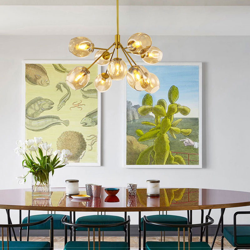 Modern Gold Hanging Lamp with Amber Glass Shade - 7/9/13 Lights Branch Chandelier