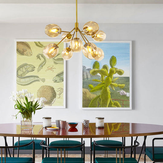 Modern Gold Hanging Lamp with Amber Glass Shade - 7/9/13 Lights Branch Chandelier