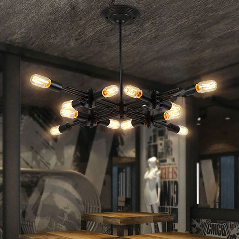 Contemporary Black Metallic Pendant Lamp with Exposed Bulbs - 9/12 Heads for Restaurant Ceiling