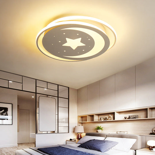 White Moon and Star LED Ceiling Lamp for Kids Bedroom - Child-friendly Acrylic-Metal Flush Mount Light