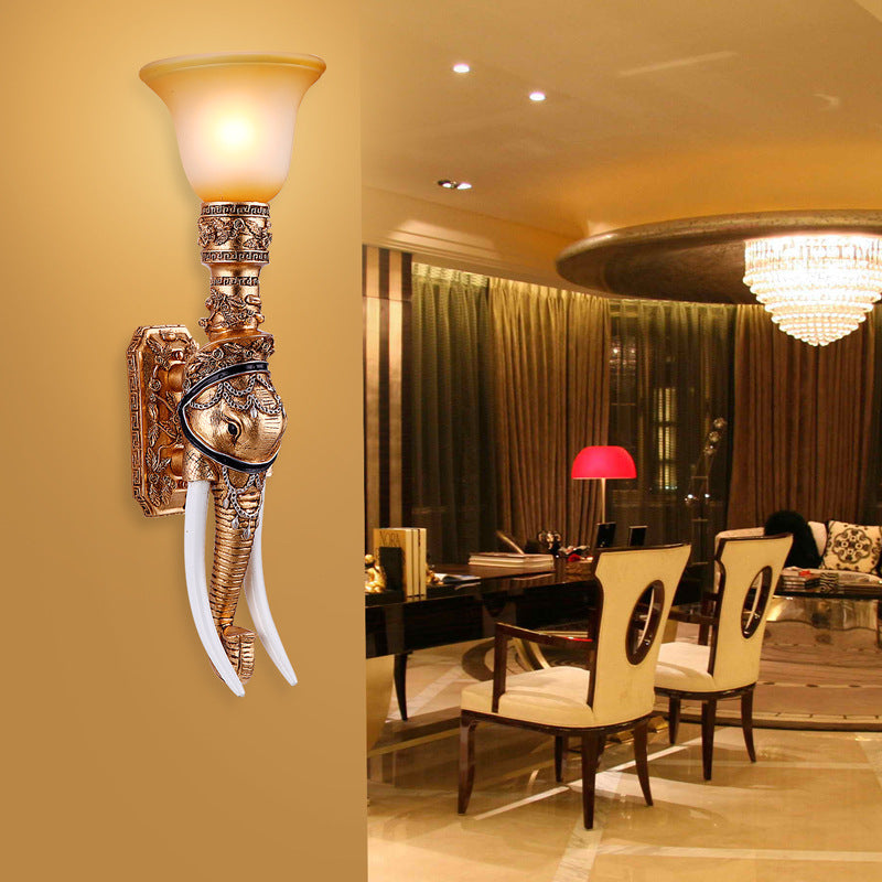 Elephant Head Wall Sconce Light - Gold Resin Traditional Sconce with Frosted Glass Shade