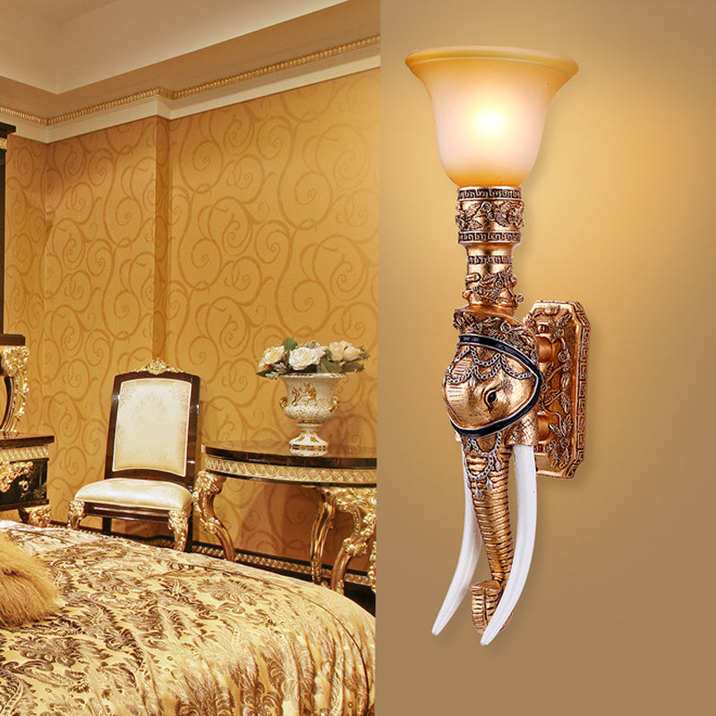 Elephant Head Wall Sconce Light - Gold Resin Traditional Sconce with Frosted Glass Shade
