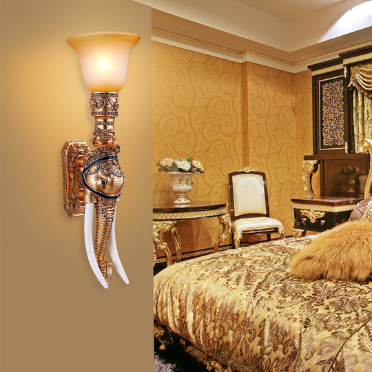 Elephant Head Wall Sconce Light - Gold Resin Traditional Sconce with Frosted Glass Shade