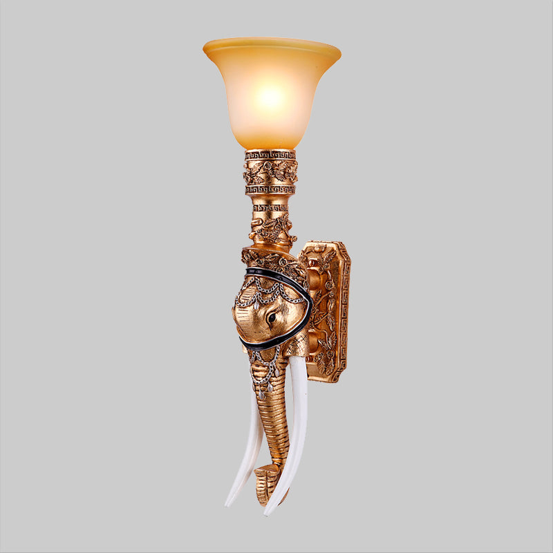 Elephant Head Wall Sconce Light - Gold Resin Traditional Sconce with Frosted Glass Shade