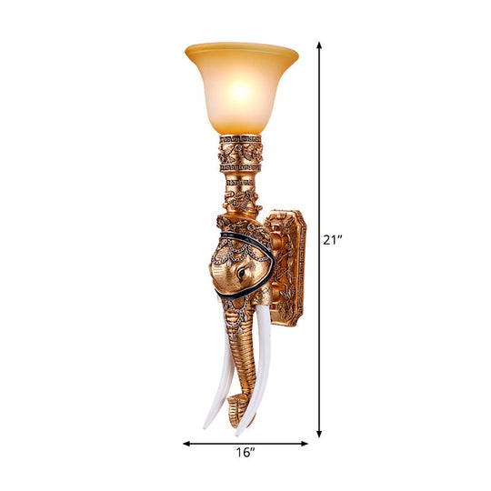 Elephant Head Wall Sconce Light - Gold Resin Traditional Sconce with Frosted Glass Shade