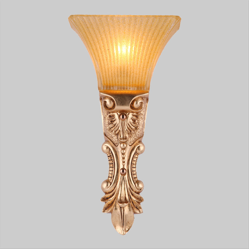 Amber Ribbed Glass Wall Sconce – Single Head Antiqued Trapezoid Design in Gold