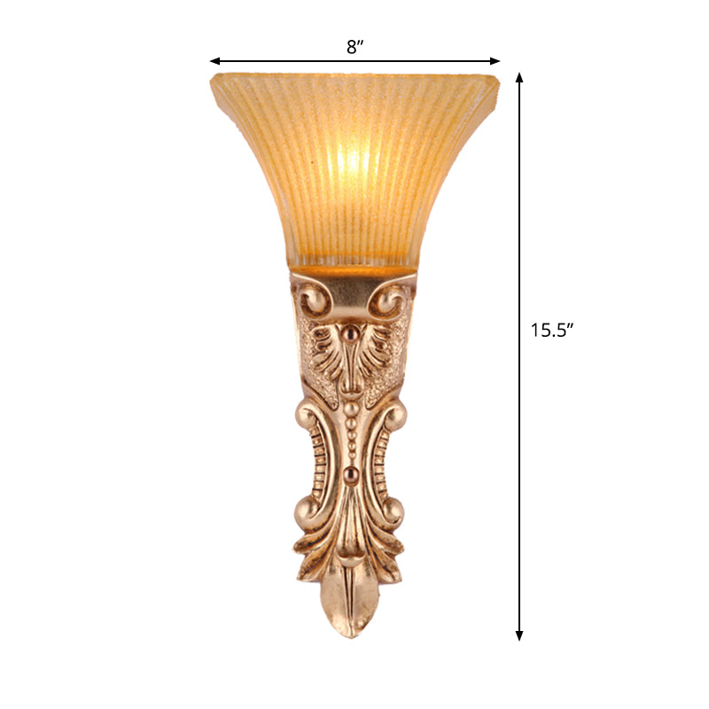 Amber Ribbed Glass Wall Sconce – Single Head Antiqued Trapezoid Design in Gold