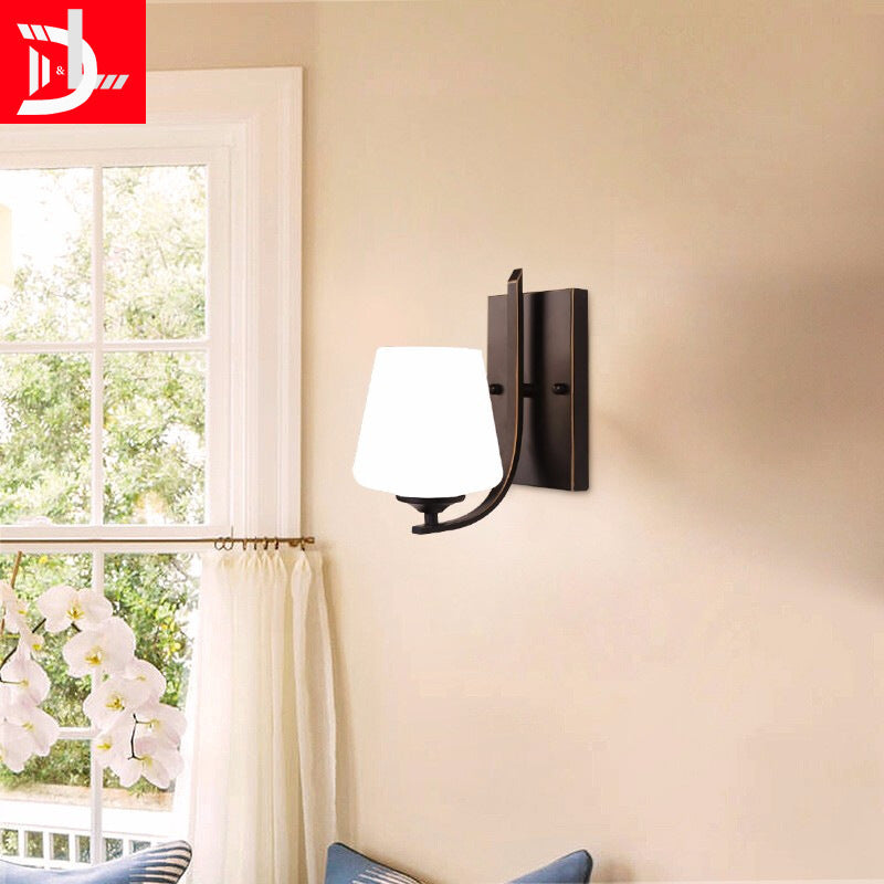 Retro Style Wall Sconce with Black Cup-Like Glass Shade, Single Bulb and Metal Backplate