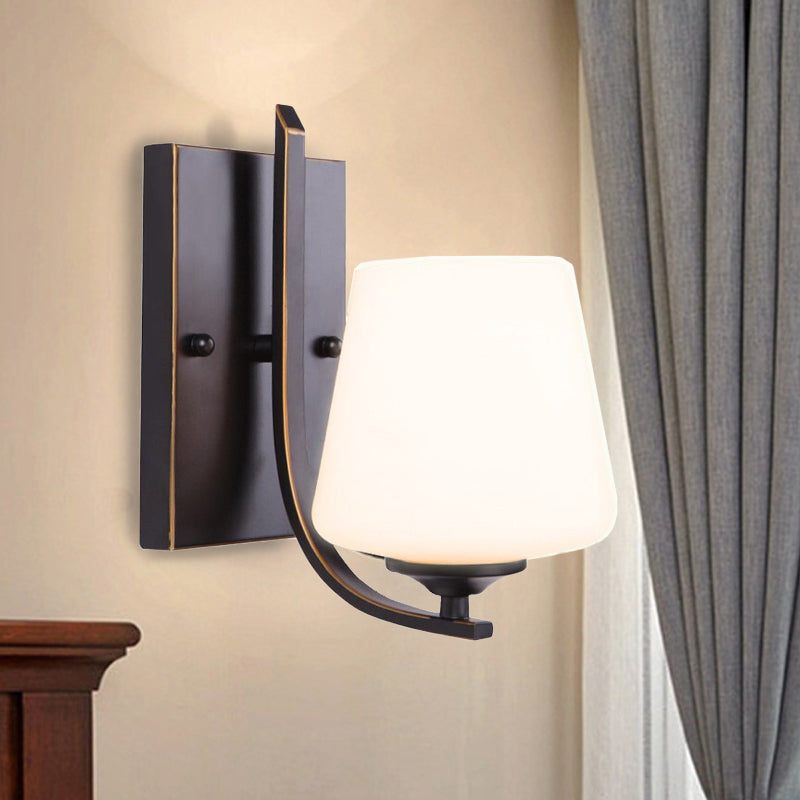 Retro Style Wall Sconce with Black Cup-Like Glass Shade, Single Bulb and Metal Backplate