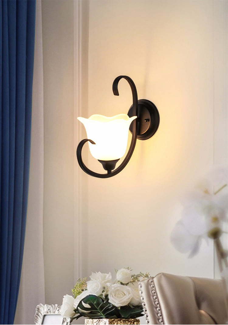 Milky Glass Wall Sconce with Floral Design and Scroll Arm for Elegant Country Decor