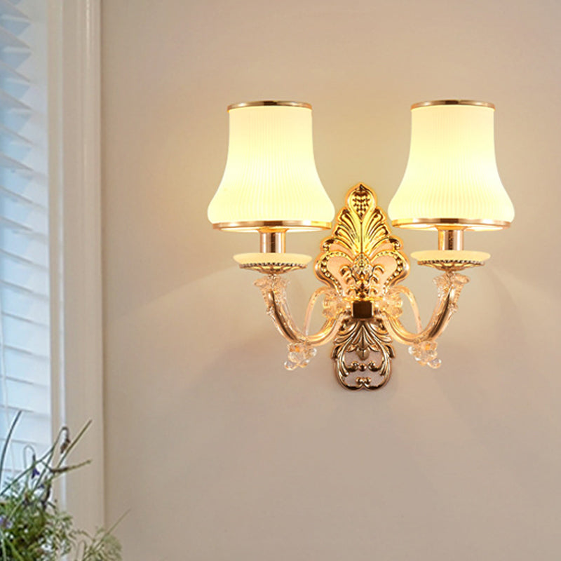 Rural Gold Glass Wall Sconce Light with Crystal Ball Droplet - 2 Heads Tapered Design"