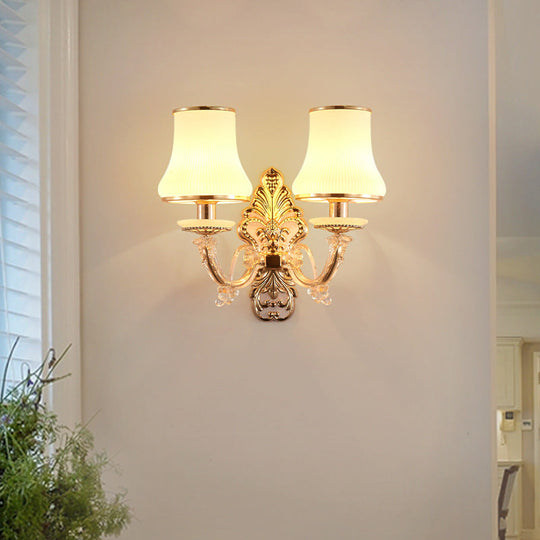 Rural Gold Glass Wall Sconce Light with Crystal Ball Droplet - 2 Heads Tapered Design"
