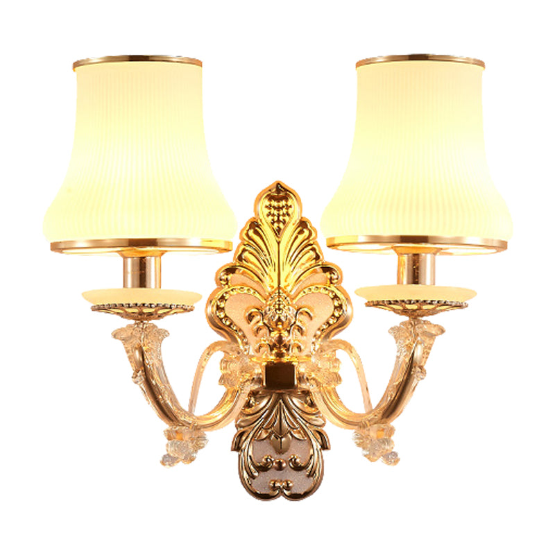 Rural Gold Glass Wall Sconce Light with Crystal Ball Droplet - 2 Heads Tapered Design"