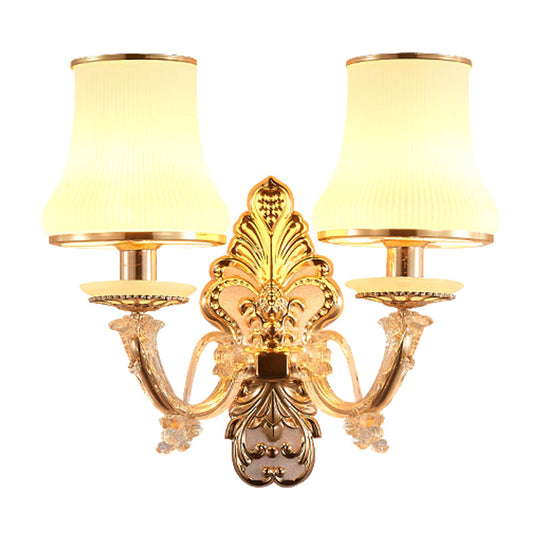Rural Gold Glass Wall Sconce Light with Crystal Ball Droplet - 2 Heads Tapered Design"