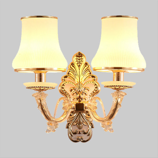 Rural Gold Glass Wall Sconce Light with Crystal Ball Droplet - 2 Heads Tapered Design"