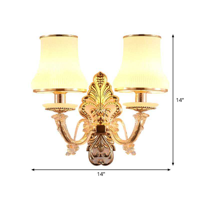 Rural Gold Glass Wall Sconce Light with Crystal Ball Droplet - 2 Heads Tapered Design"