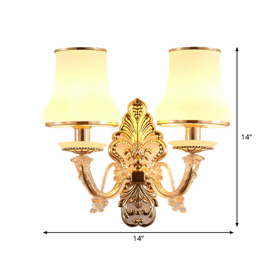 Rural Gold Glass Wall Sconce Light with Crystal Ball Droplet - 2 Heads Tapered Design"