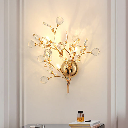 Modern Gold Beveled Crystal Wall Light with Branch Design - 2/3 Heads - Wall Mounted Fixture