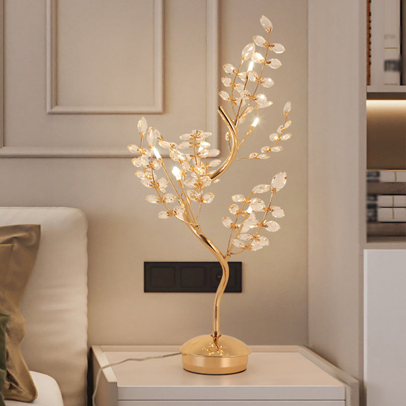 Leaf Sleeping Room Desk Light- Gold Tree Design- 6-Bulb Night Lamp with Cut Crystal- Contemporary Style