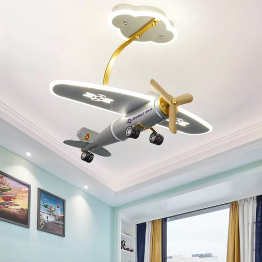 Cartoon Plane Silver LED Flush Mount with Cloud Canopy for Kids' Bedroom