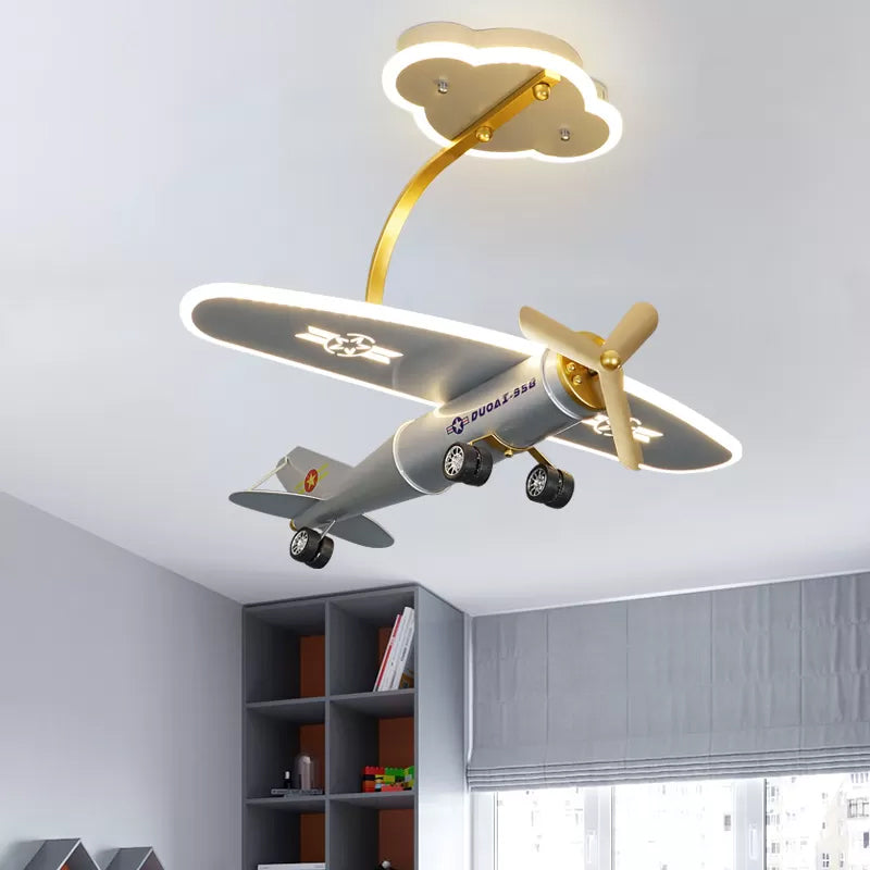 Cartoon Plane Silver LED Flush Mount with Cloud Canopy for Kids' Bedroom