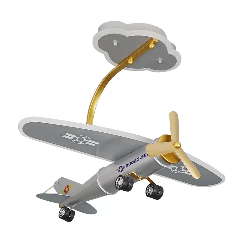 Cartoon Plane Silver LED Flush Mount with Cloud Canopy for Kids' Bedroom