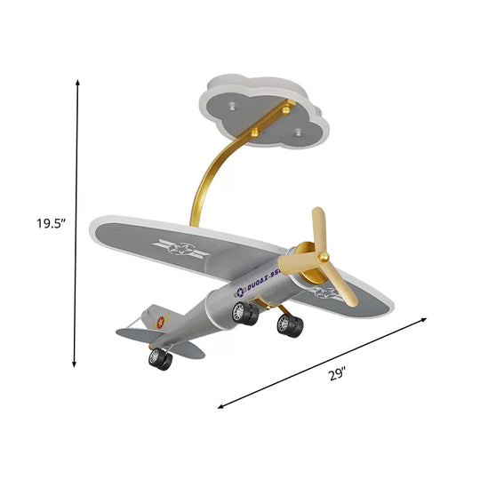 Cartoon Plane Silver LED Flush Mount with Cloud Canopy for Kids' Bedroom