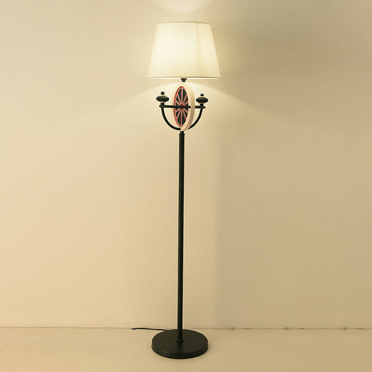 Mediterranean Barrel Floor Lamp - Black Fabric, 1 Bulb, Round & Bowl Frame Design