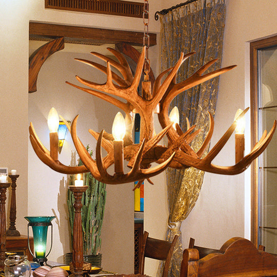 Antler Living Room Hanging Lamp Traditional Resin 4/6 Bulbs Brown Adjustable Chandelier Pendant Light