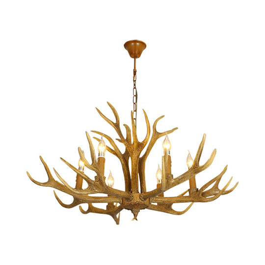 6/8-Light Resin Chandelier Lamp Rural Brown Antlered Shape Living Room Hanging Pendant with Open Bulb Design