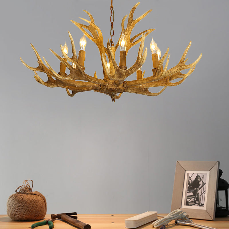 6/8-Light Resin Chandelier Lamp Rural Brown Antlered Shape Living Room Hanging Pendant with Open Bulb Design