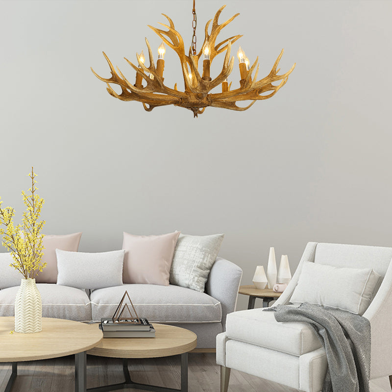 6/8-Light Resin Chandelier Lamp Rural Brown Antlered Shape Living Room Hanging Pendant with Open Bulb Design