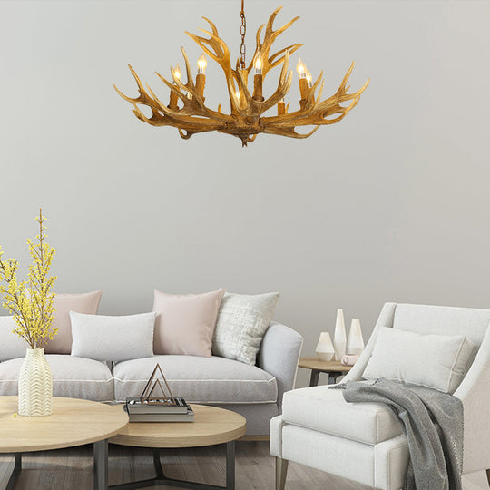 6/8-Light Resin Chandelier Lamp Rural Brown Antlered Shape Living Room Hanging Pendant with Open Bulb Design