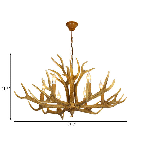 6/8-Light Resin Chandelier Lamp Rural Brown Antlered Shape Living Room Hanging Pendant with Open Bulb Design