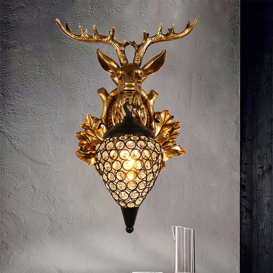 Farmhouse Teardrop Crystal Wall Mount Sconce with Elk Head Backplate - Brown/Gold, 12"/19.5