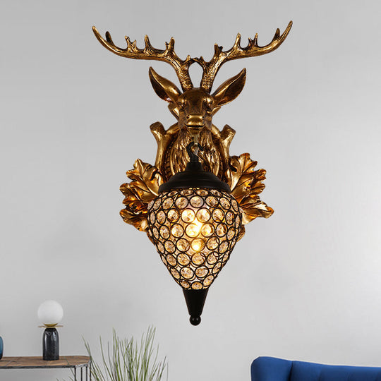 Farmhouse Teardrop Crystal Wall Mount Sconce with Elk Head Backplate - Brown/Gold, 12"/19.5